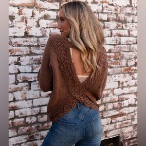 Three Bird Nest Back to Business Crochet lace top Mocha large L brand new